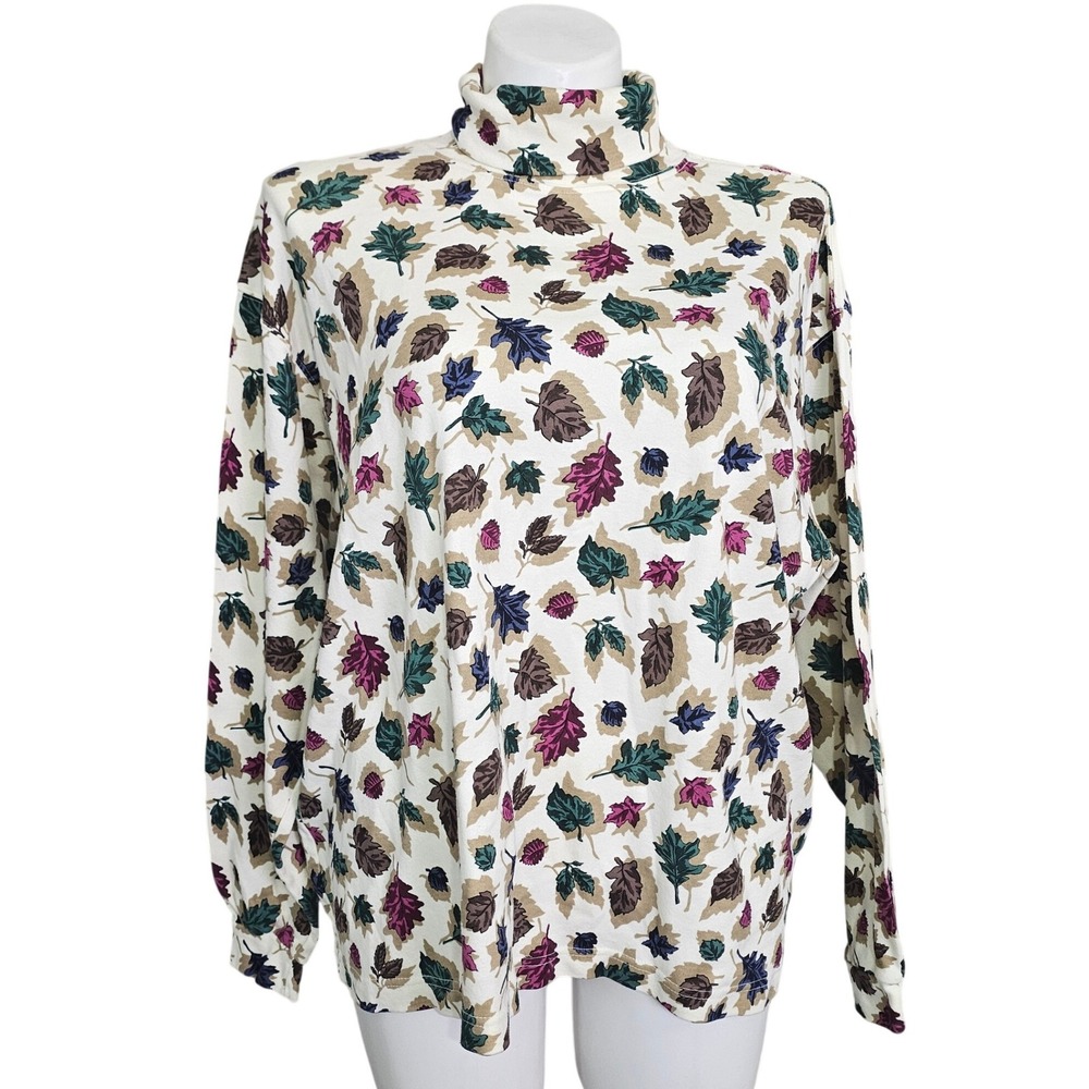 American Weekend Woman 3X White Cotton Autumn Leaf Print Turtleneck Top